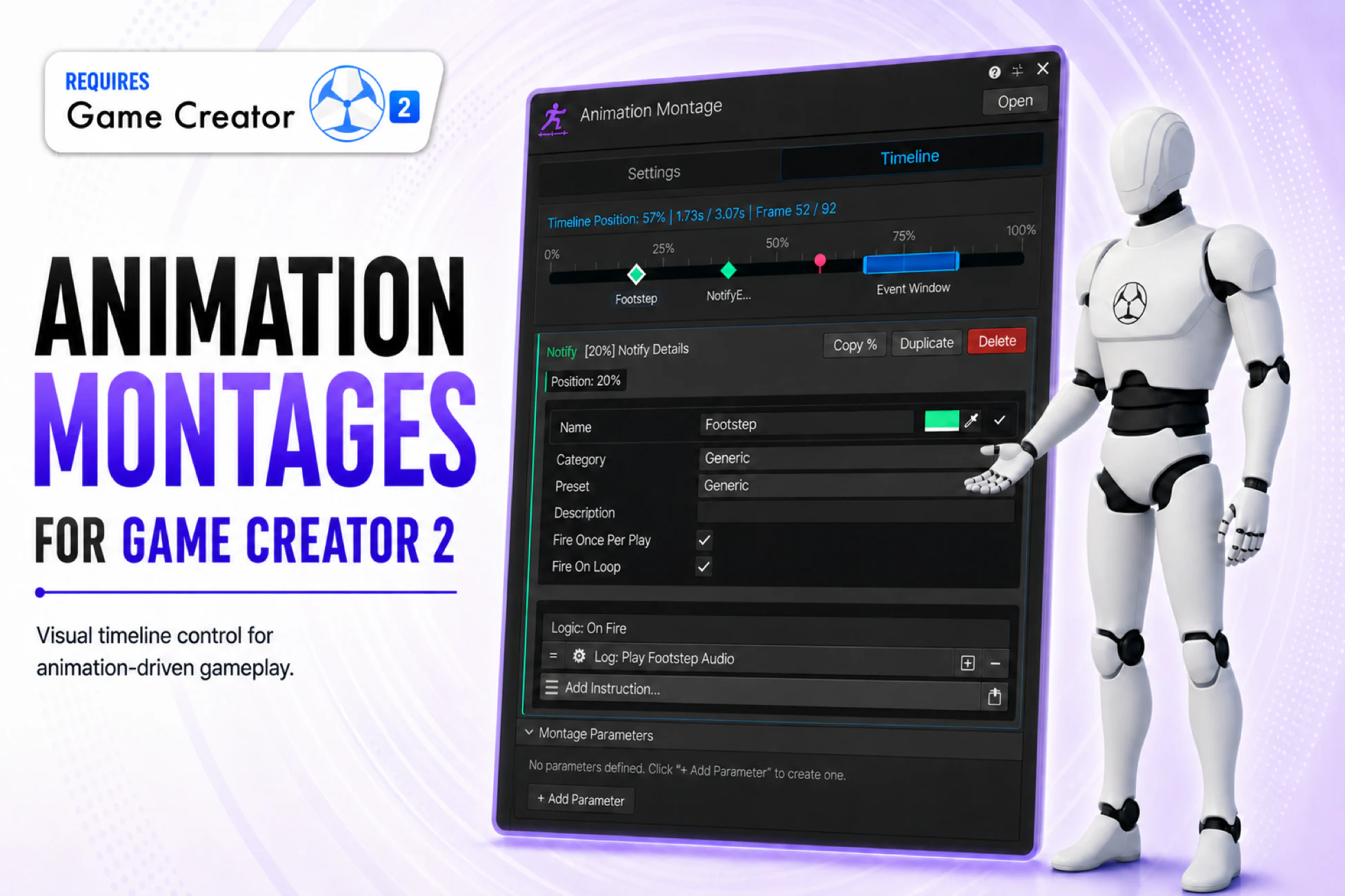 Animation Montages cover showing its timeline editor beside a white robot.