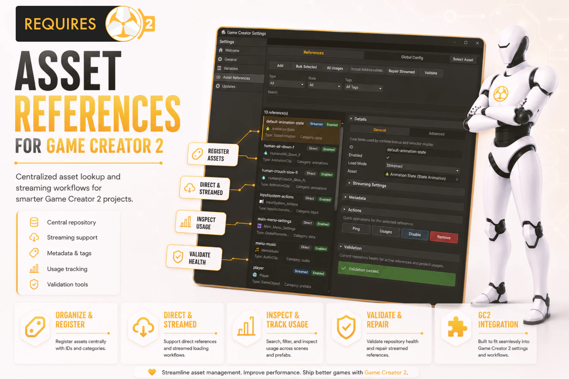 Asset References cover showing its repository manager, validation tools, and a white robot.